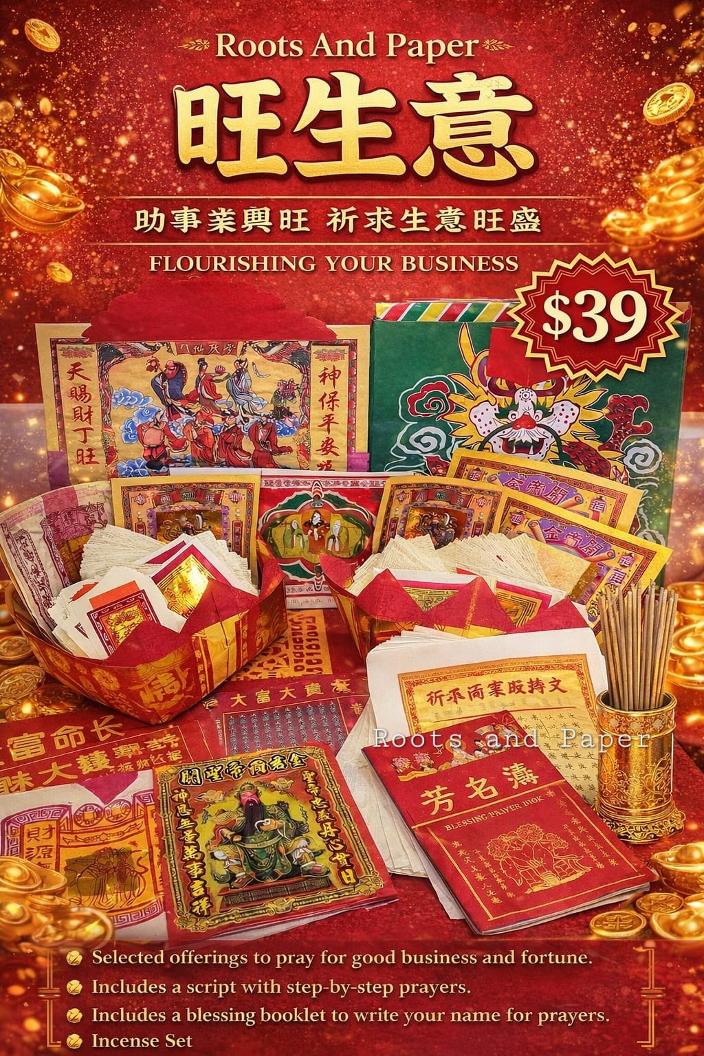 Business Prosperity Set | Pray for Business Growth | Comes with Guided Prayer Script, Blessing Named Booklet, Incense set and a Wealth Amulet 旺生意供品套装｜祈求生意兴旺｜附祈福祭拜文稿，祝福手册,香烛茶糖 | 附带招财符