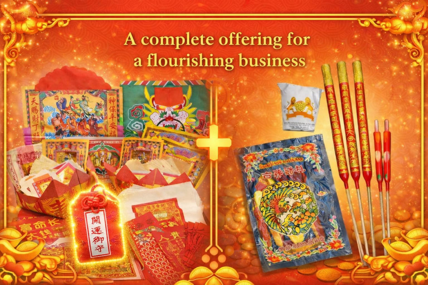 Business Prosperity Set | Pray for Business Growth | Comes with Guided Prayer Script, Blessing Named Booklet, Incense set and a Wealth Amulet 旺生意供品套装｜祈求生意兴旺｜附祈福祭拜文稿，祝福手册,香烛茶糖 | 附带招财符