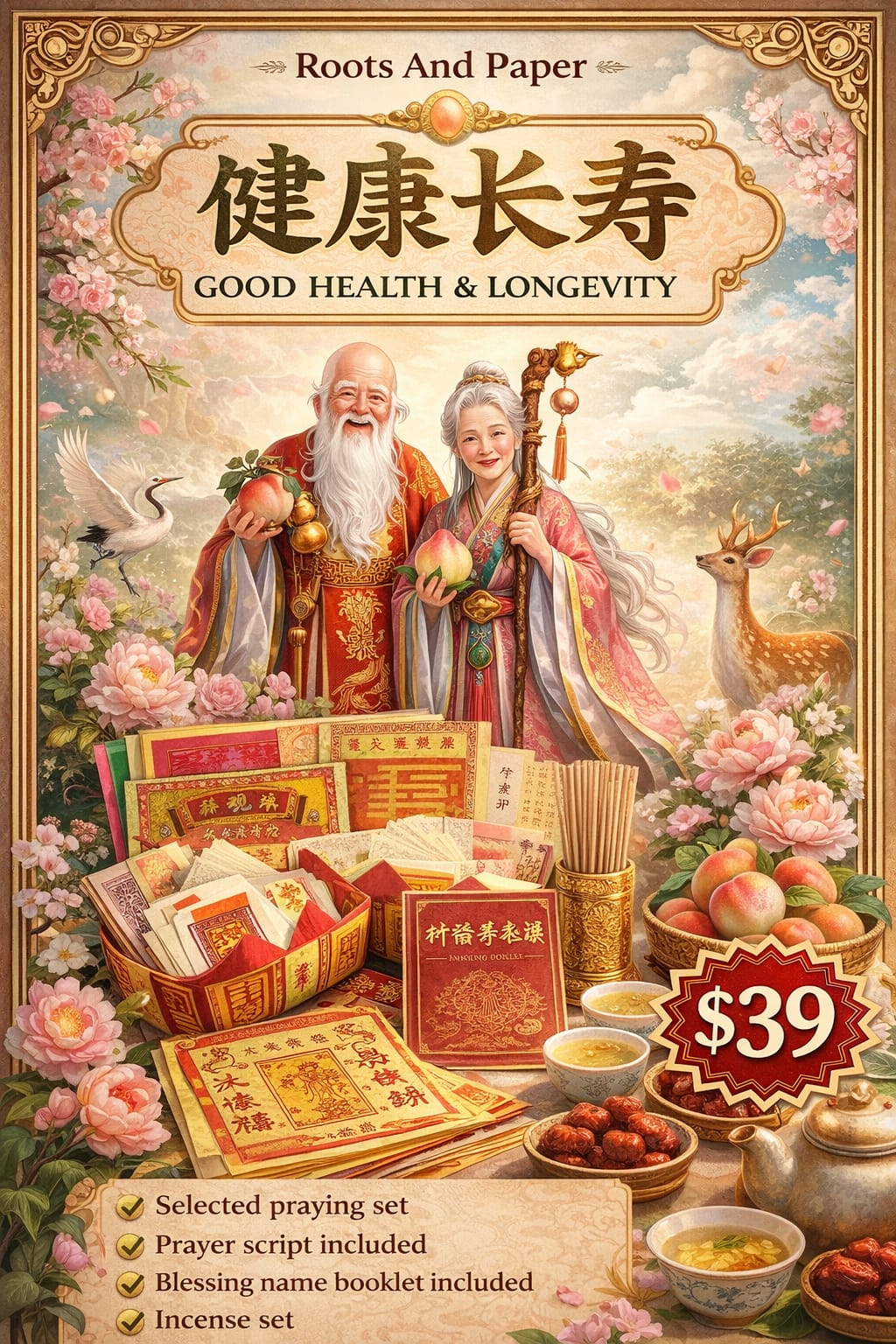 Health & Longevity Prayer Set | Complete Offering Bundle with Incense, Script, Blessing Booklet and a Blessing Health Amulet 健康长寿套装｜附祈福祭拜文稿，祝福手册, 香烛茶糖 | 附带健康护身符
